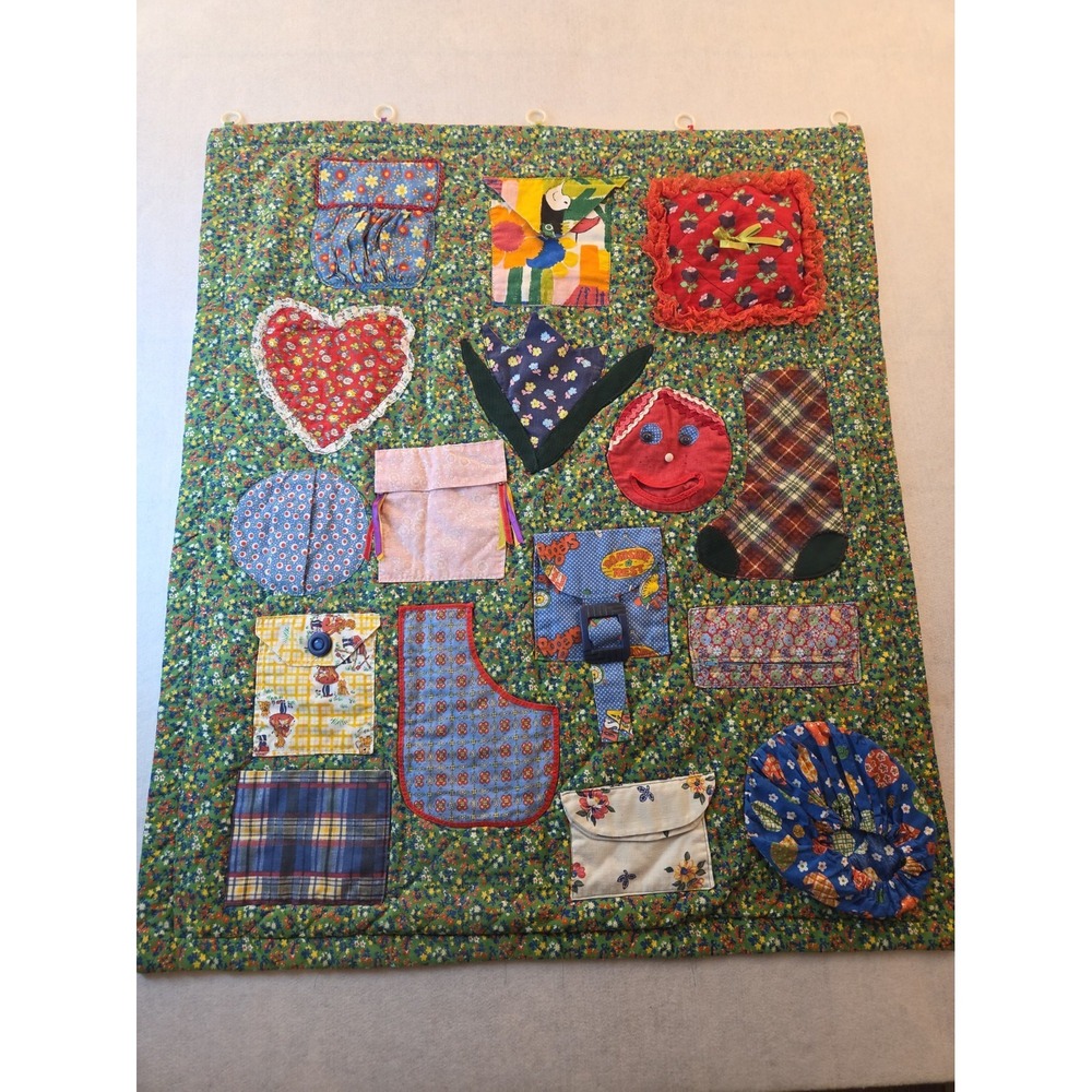 Vintage Handmade Fidget Blanket Sensory Activity Busy Mat Pockets Buckle Ribbon